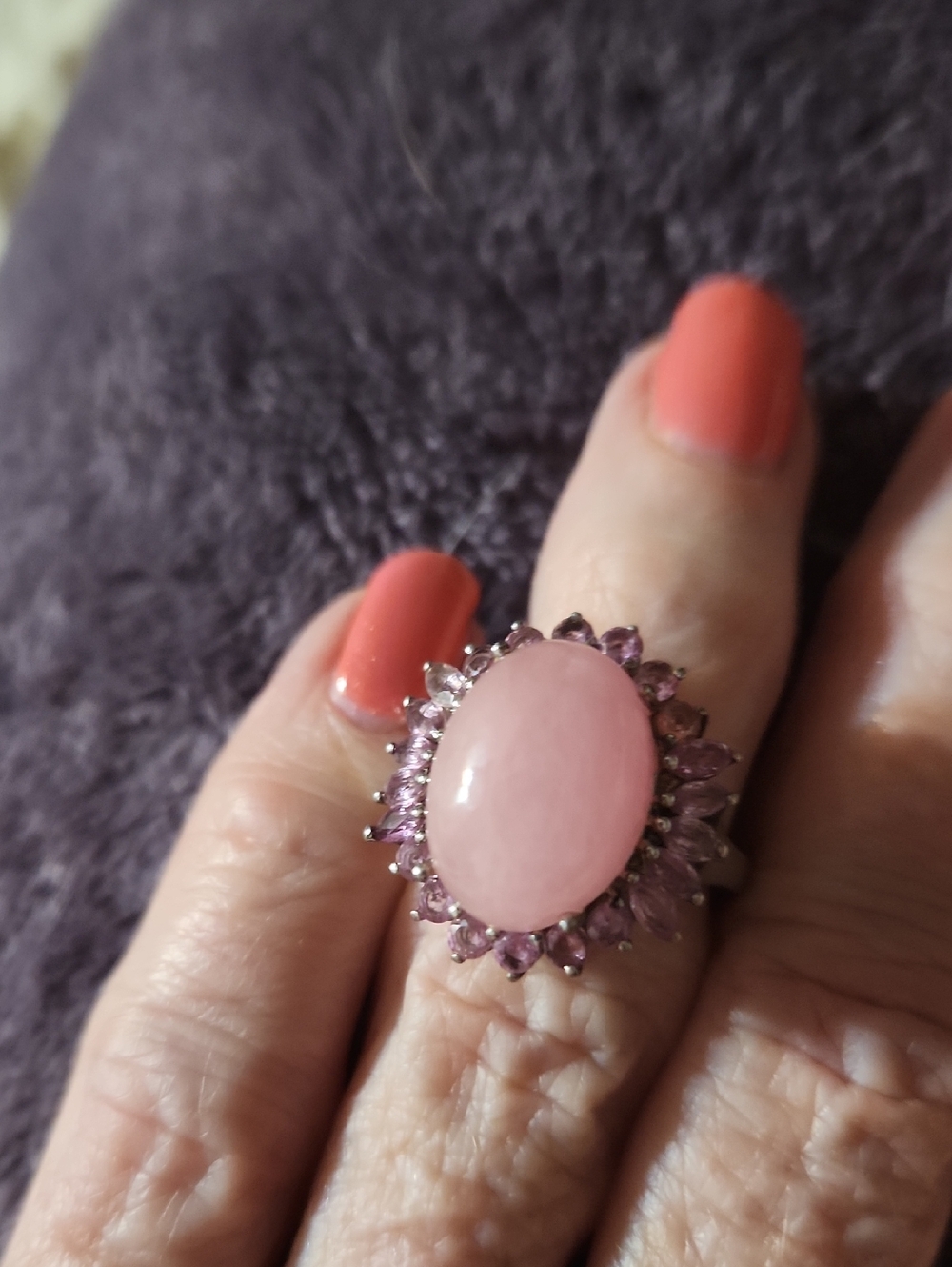 Pink Oval Cabochon Statement Ring with Pink Halo